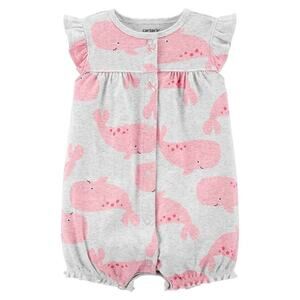 Baby Girl Soft Cotton Gray Pink Whale Snap Bubble Romper NEW One Piece 18m